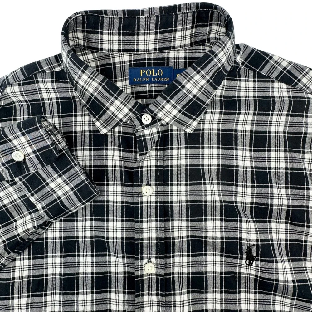 Polo‎ Ralph Lauren Mens XXL Black White Plaid Cotton Button Down Shirt Long Slv